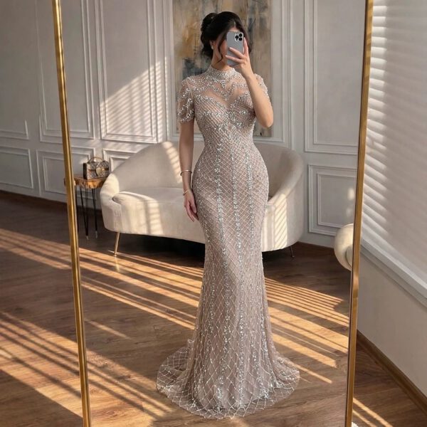 Nove Dress Pink Crystal Beaded High Neck Mermaid Evening Dress 1 - Nove Dress
