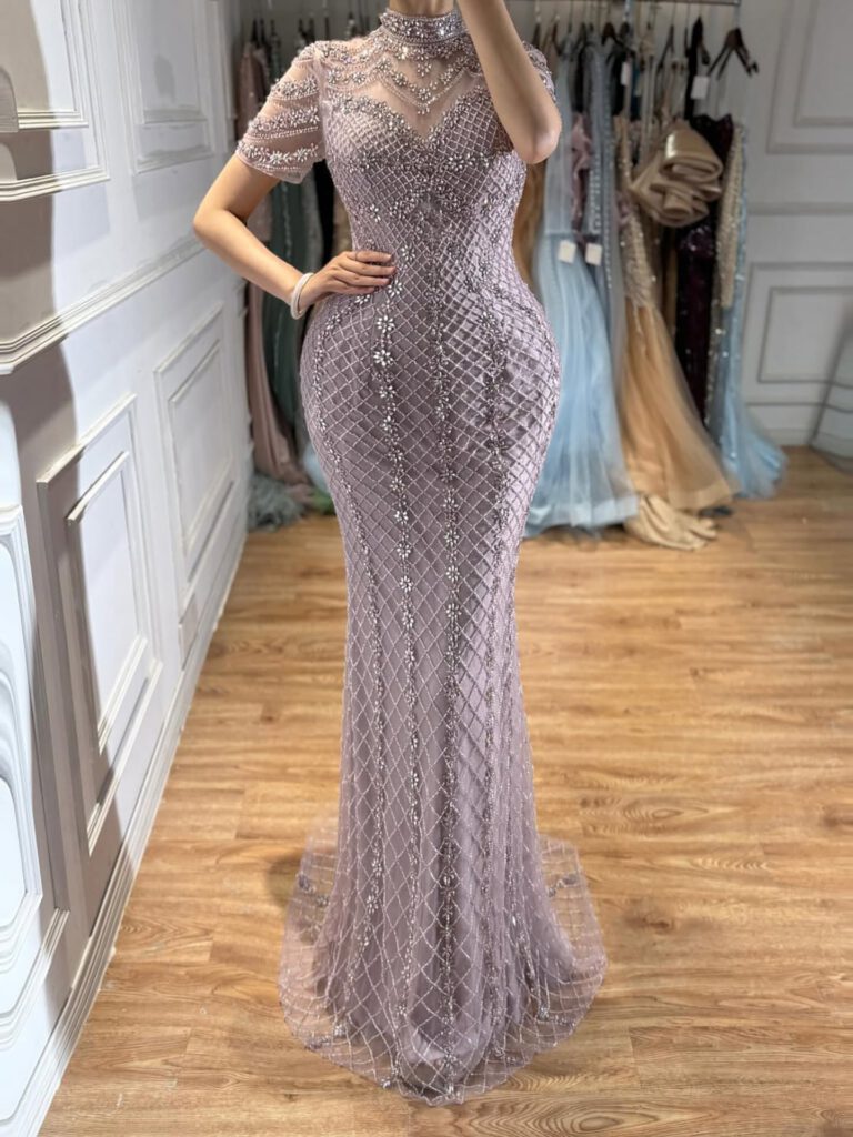 Nove Dress Pink Crystal Beaded High Neck Mermaid Evening Dress