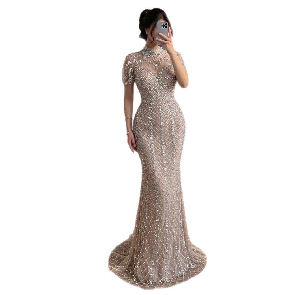 Nove Dress Pink Crystal Beaded High Neck Mermaid Evening Dress