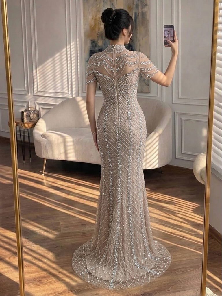 Nove Dress Pink Crystal Beaded High Neck Mermaid Evening Dress