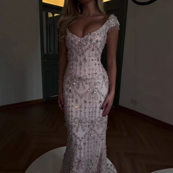 Nove Dress Pink Crystal Beaded Mermaid Evening Dress - Style LA73696 1 - Nove Dress