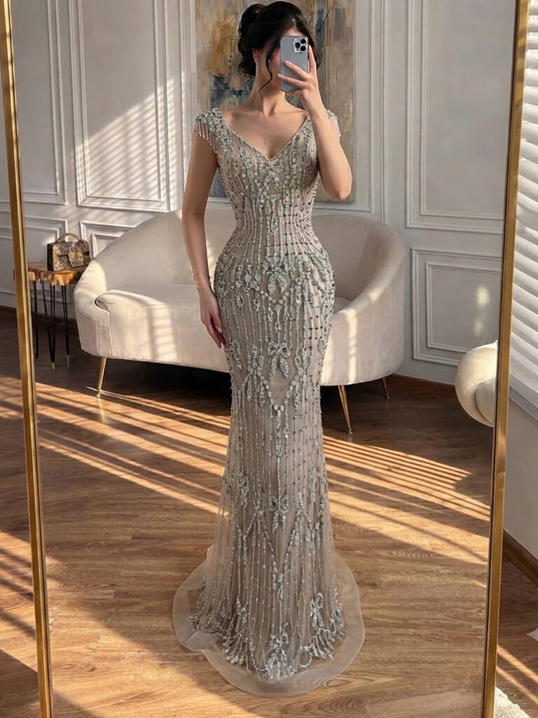 Nove Dress Pink Crystal Beaded Mermaid Evening Dress - Style