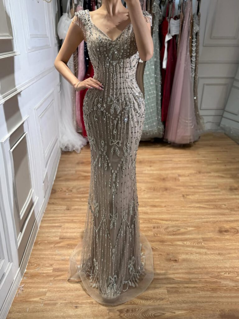 Nove Dress Pink Crystal Beaded Mermaid Evening Dress - Style