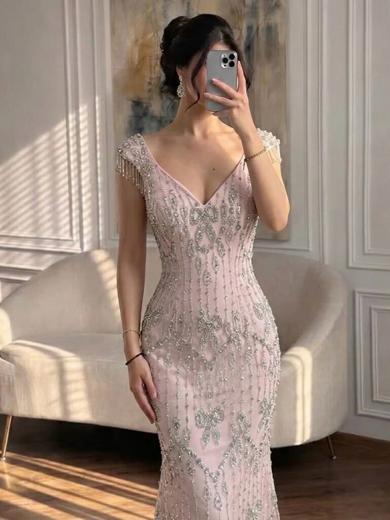 Nove Dress Pink Crystal Beaded Mermaid Evening Dress - Style
