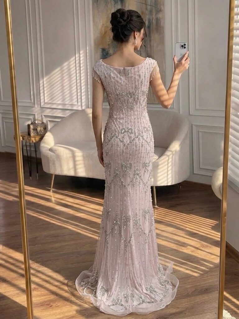 Nove Dress Pink Crystal Beaded Mermaid Evening Dress - Style