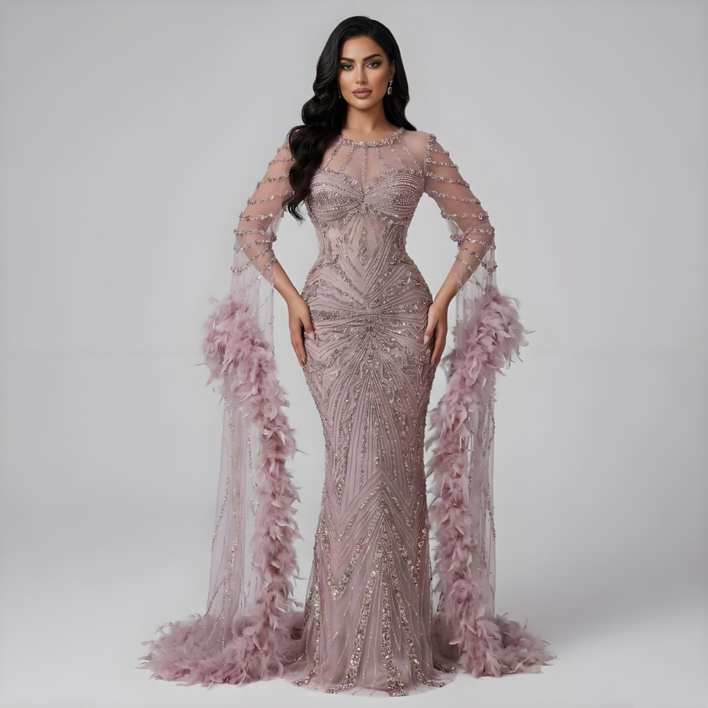 Nove Dress فستان سهرة وردي حورية البحر ريش أكمام كيب محتشم