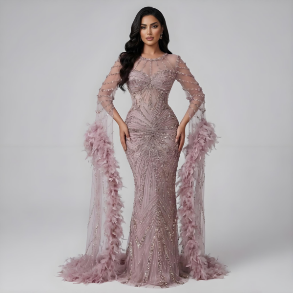 Nove Dress Pink Feather Cape Sleeve Mermaid Modest Evening Dress 1 - Nove Dress