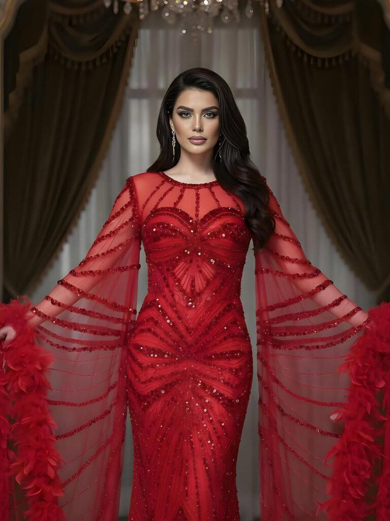 Nove Dress فستان سهرة وردي حورية البحر ريش أكمام كيب محتشم