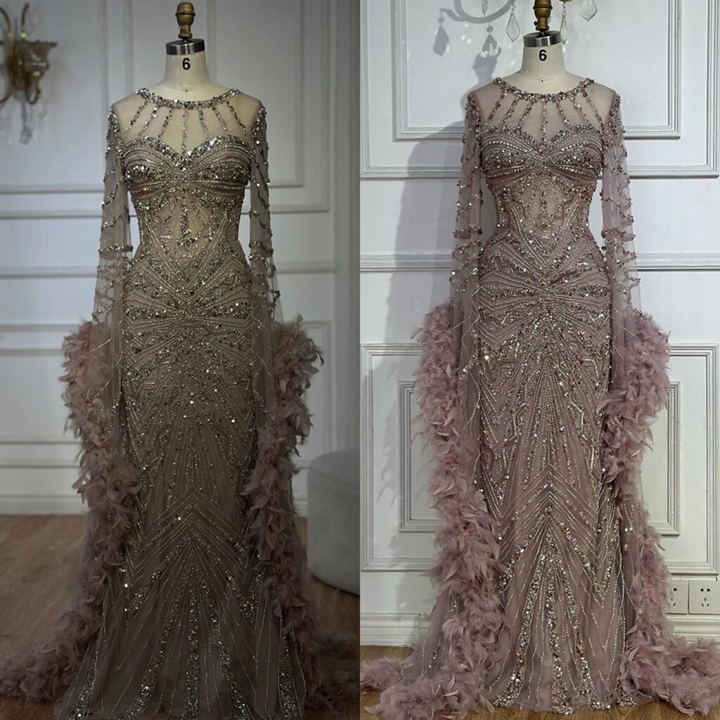 Nove Dress فستان سهرة وردي حورية البحر ريش أكمام كيب محتشم