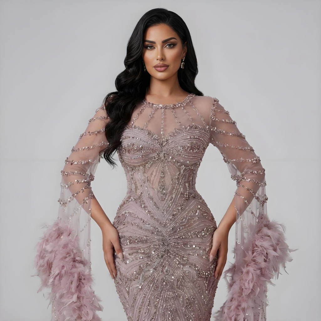 Nove Dress فستان سهرة وردي حورية البحر ريش أكمام كيب محتشم