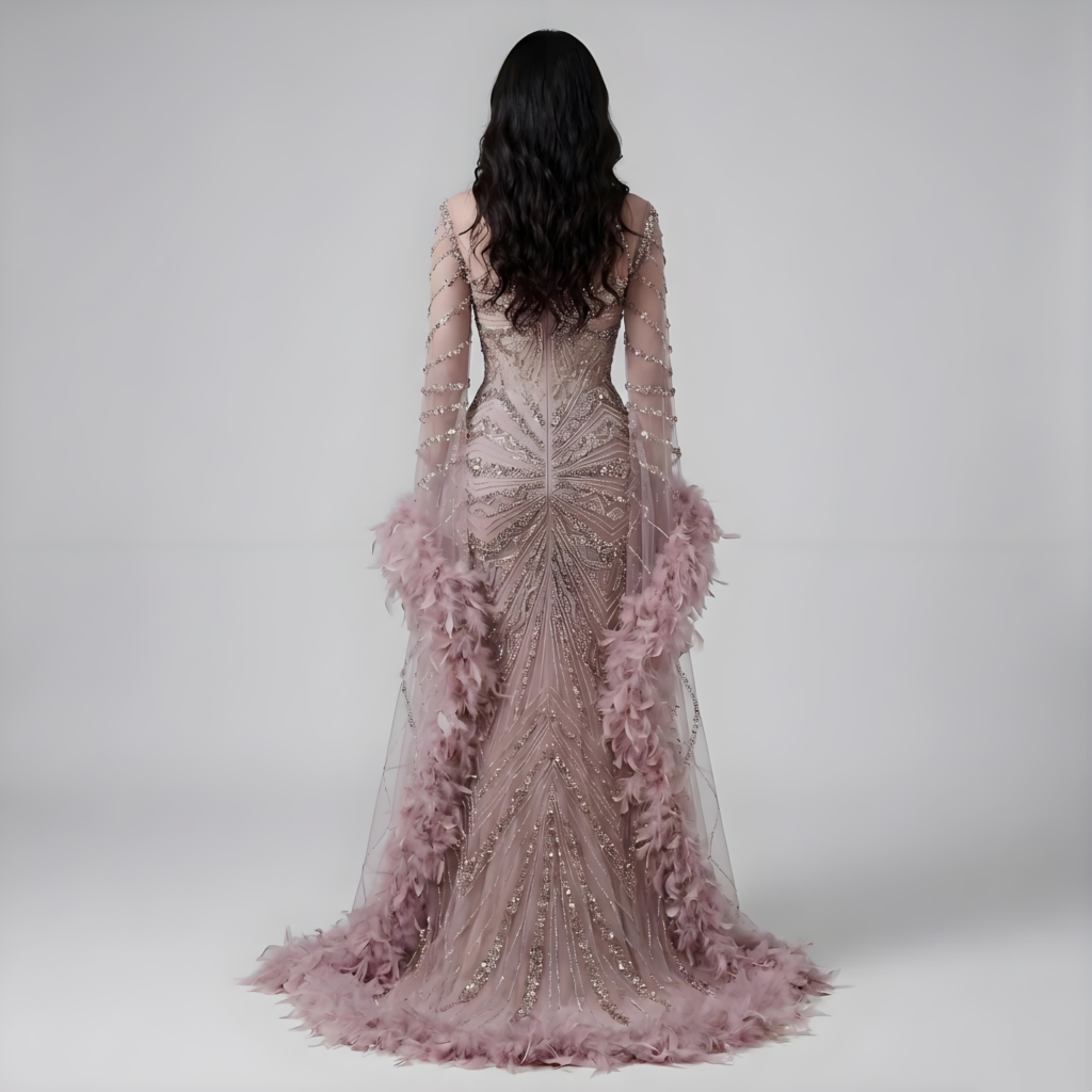 Nove Dress فستان سهرة وردي حورية البحر ريش أكمام كيب محتشم