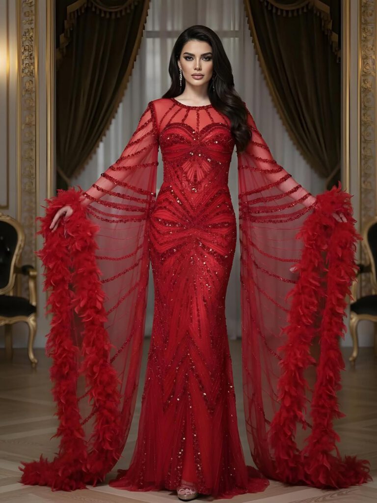 Nove Dress فستان سهرة وردي حورية البحر ريش أكمام كيب محتشم