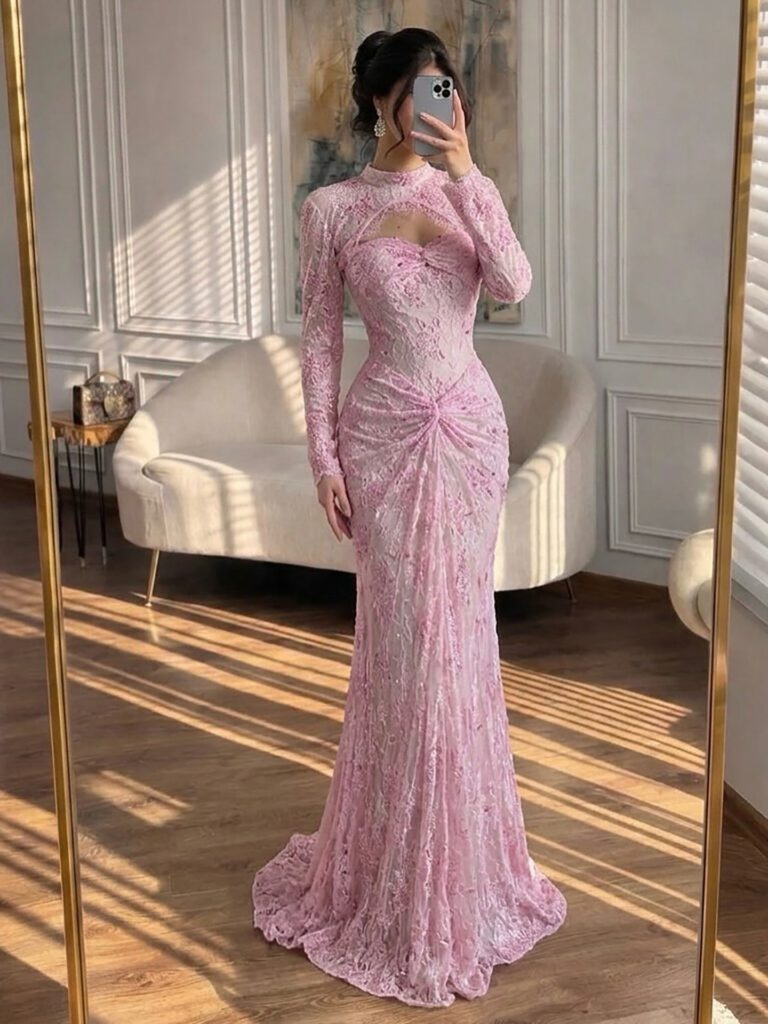Nove Dress rosa Meerjungfrau Abendkleid mit Spitze, langen Ärmeln und hochgeschlossen