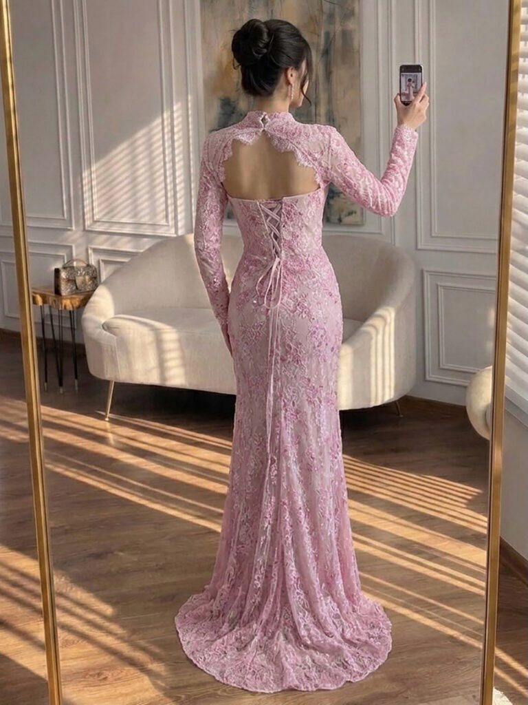 Nove Dress rosa Meerjungfrau Abendkleid mit Spitze, langen Ärmeln und hochgeschlossen