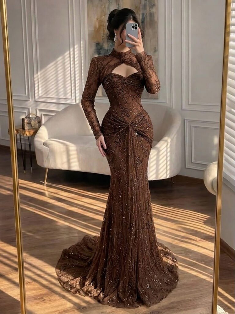 Nove Dress rosa Meerjungfrau Abendkleid mit Spitze, langen Ärmeln und hochgeschlossen