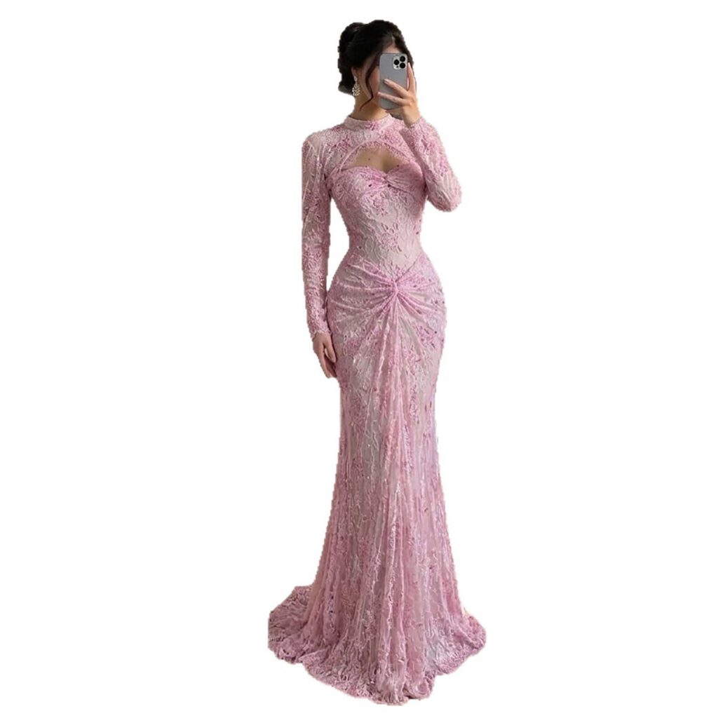 Nove Dress rosa Meerjungfrau Abendkleid mit Spitze, langen Ärmeln und hochgeschlossen