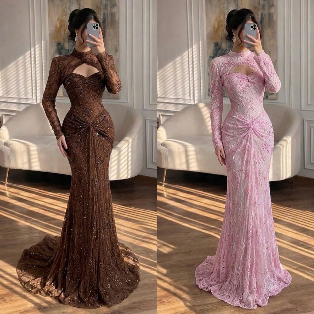 Nove Dress rosa Meerjungfrau Abendkleid mit Spitze, langen Ärmeln und hochgeschlossen