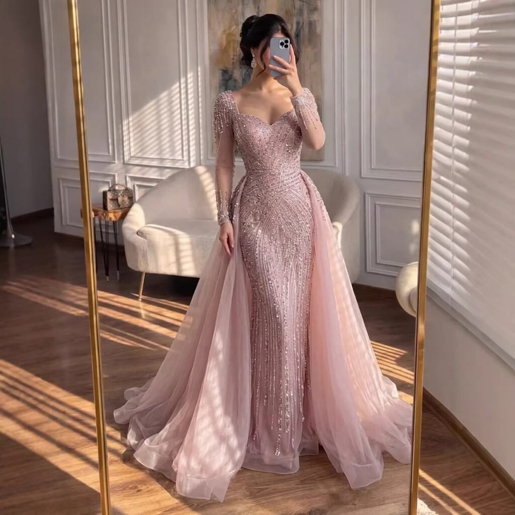 Nove Dress Pink Long Sleeve Arabic Evening Dress