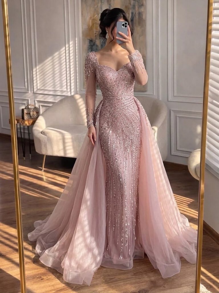 Nove Dress Pink Long Sleeve Arabic Evening Dress