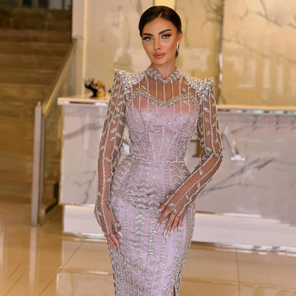 Nove Dress Pink Pearl Beaded Mermaid Arabic Evening Dress 1 - Nove Dress