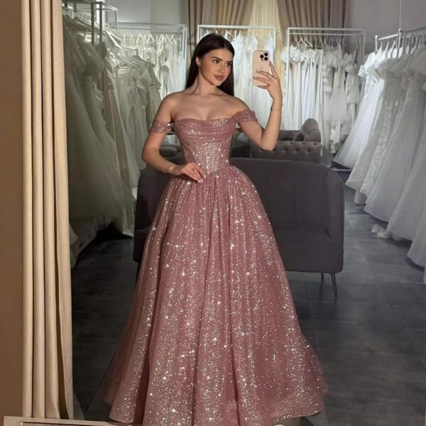 Nove Dress Pink Sparkle Off Shoulder Ball Gown Evening Dress 1 - Nove Dress