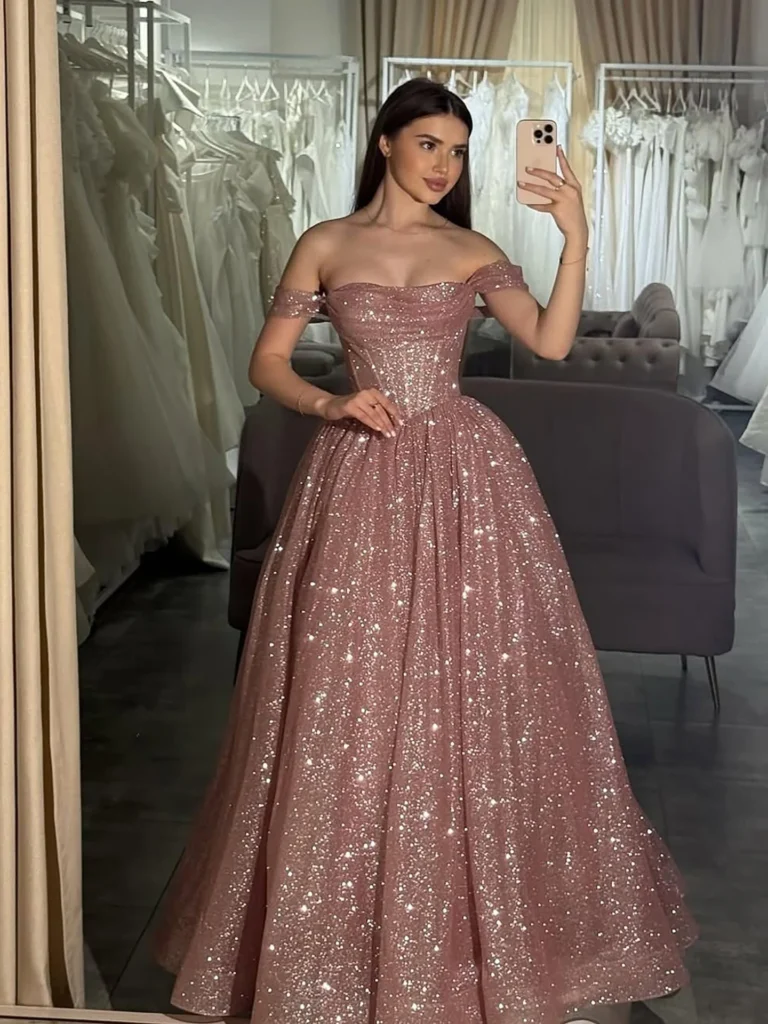 Nove Dress Pink Sparkle Off Shoulder Ball Gown Evening Dress