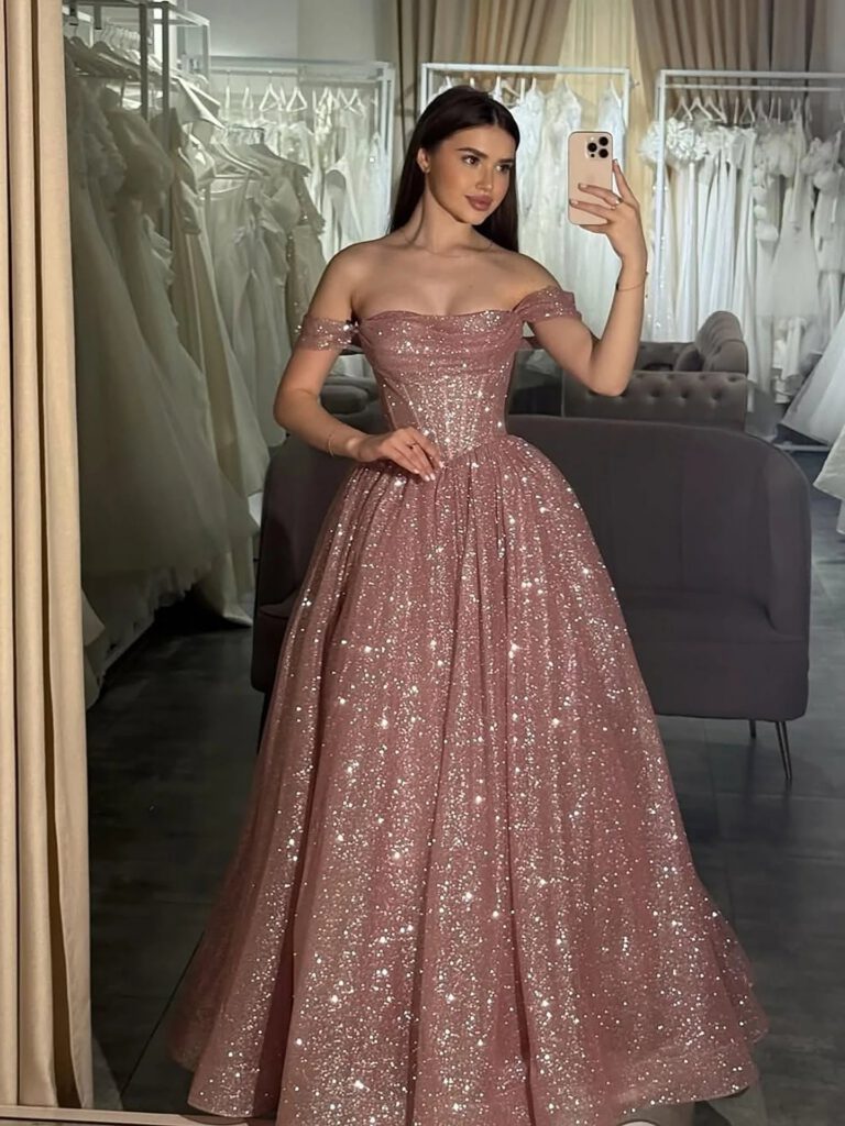 Nove Dress Pink Sparkle Off Shoulder Ball Gown Evening Dress