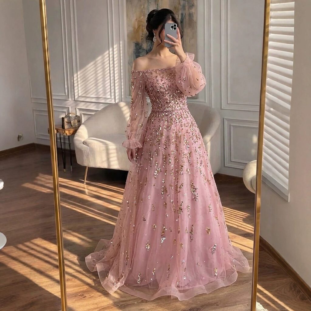 Nove Dress roze A-lijn avondjurk met glitter, tule en off-shoulder