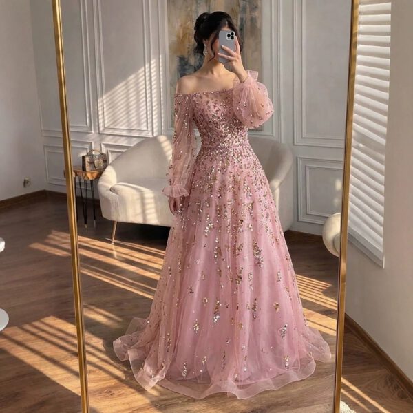 Nove Dress Pink Sparkle Tulle Off Shoulder A-Line Evening Dress 1 - Nove Dress