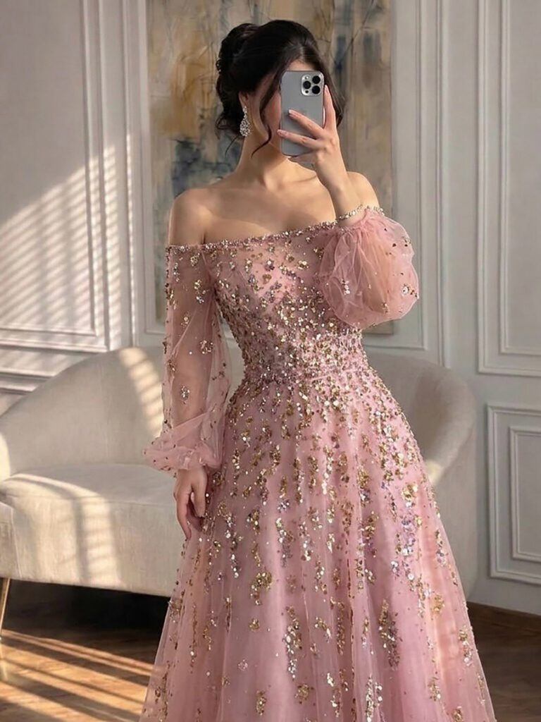 Nove Dress roze A-lijn avondjurk met glitter, tule en off-shoulder