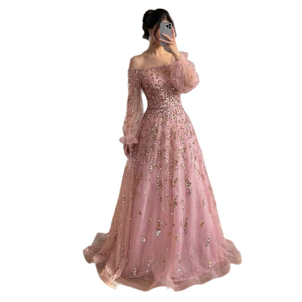 Nove Dress roze A-lijn avondjurk met glitter, tule en off-shoulder
