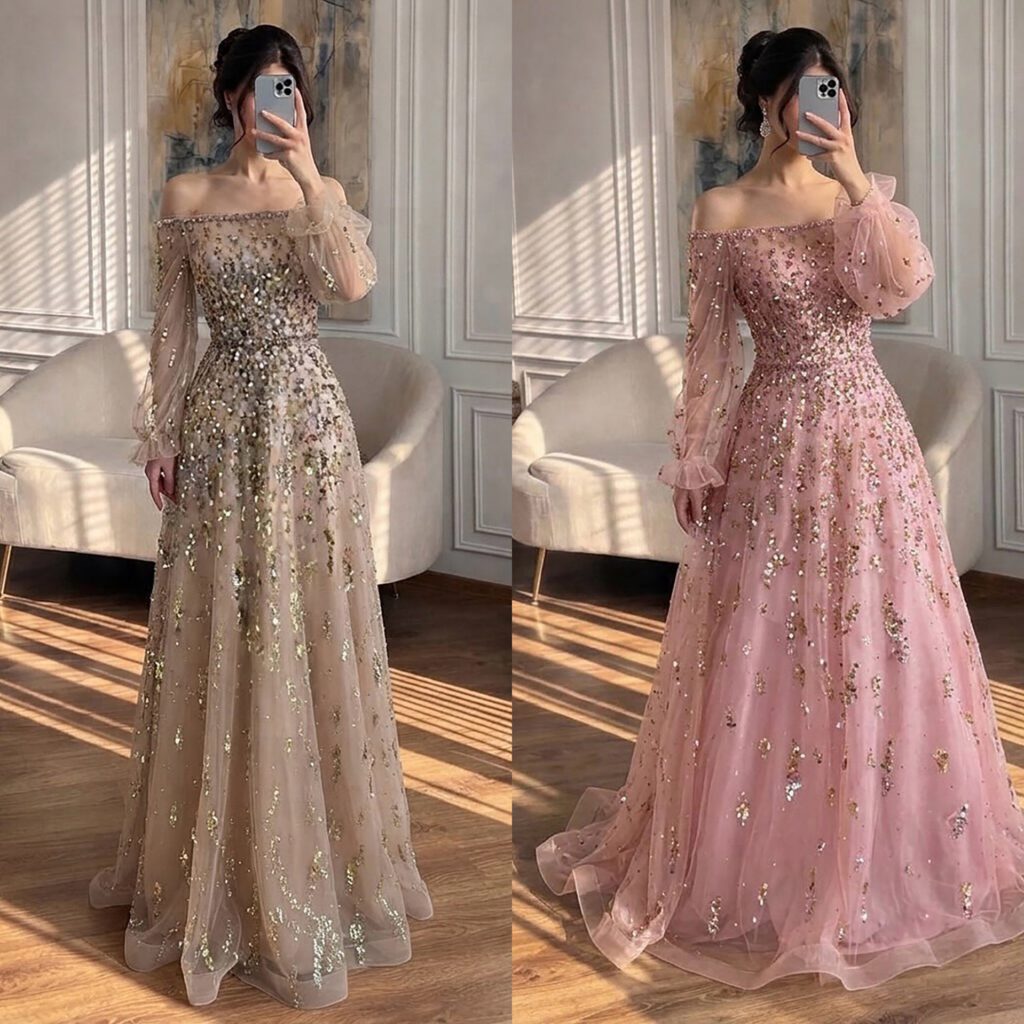 Nove Dress roze A-lijn avondjurk met glitter, tule en off-shoulder