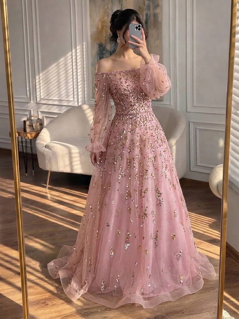 Nove Dress roze A-lijn avondjurk met glitter, tule en off-shoulder