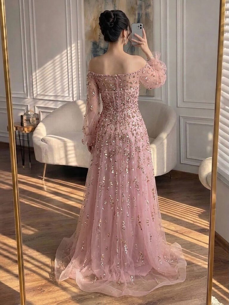 Nove Dress roze A-lijn avondjurk met glitter, tule en off-shoulder