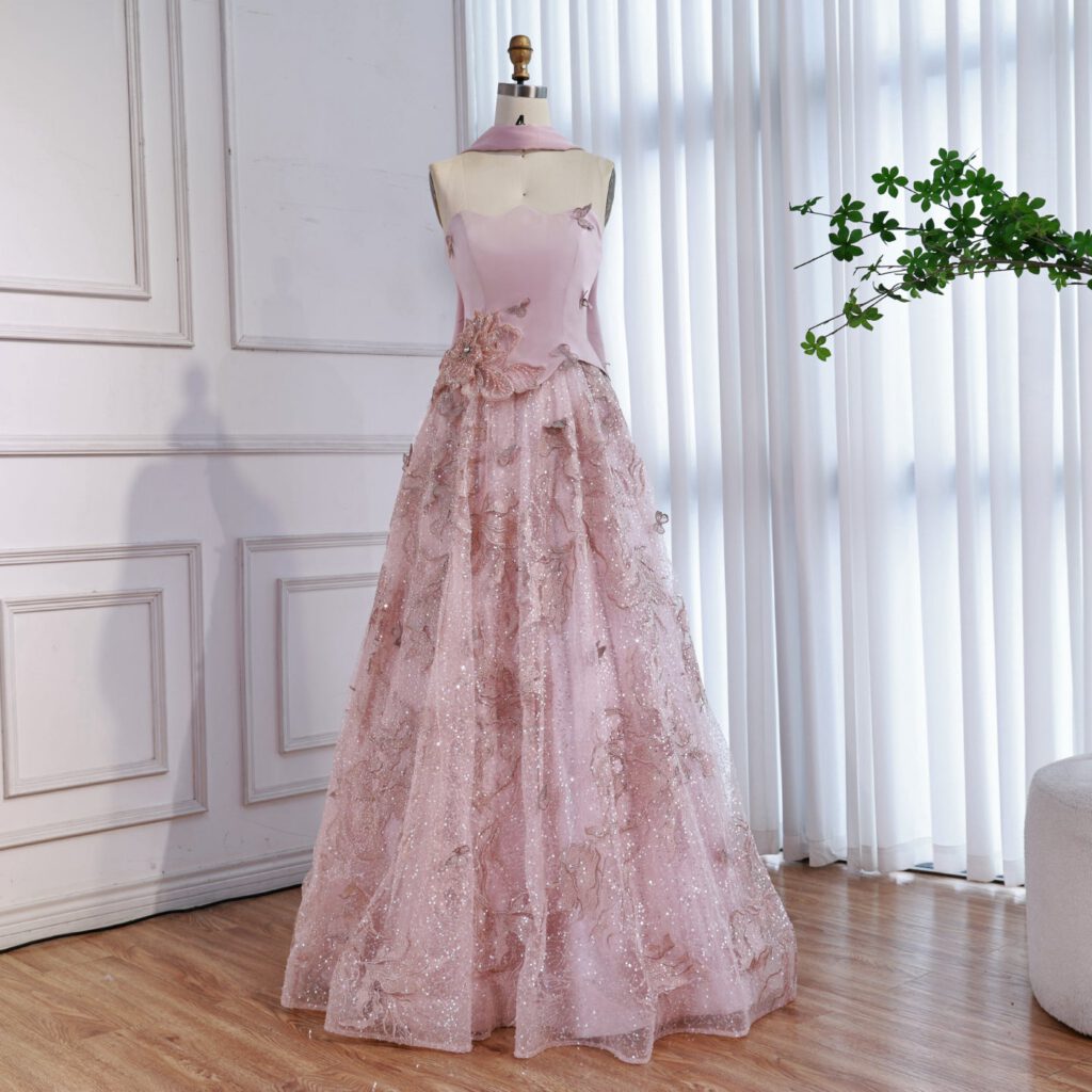 Nove Dress فستان سهرة وردي قصة A-line بدون حمالات عربي
