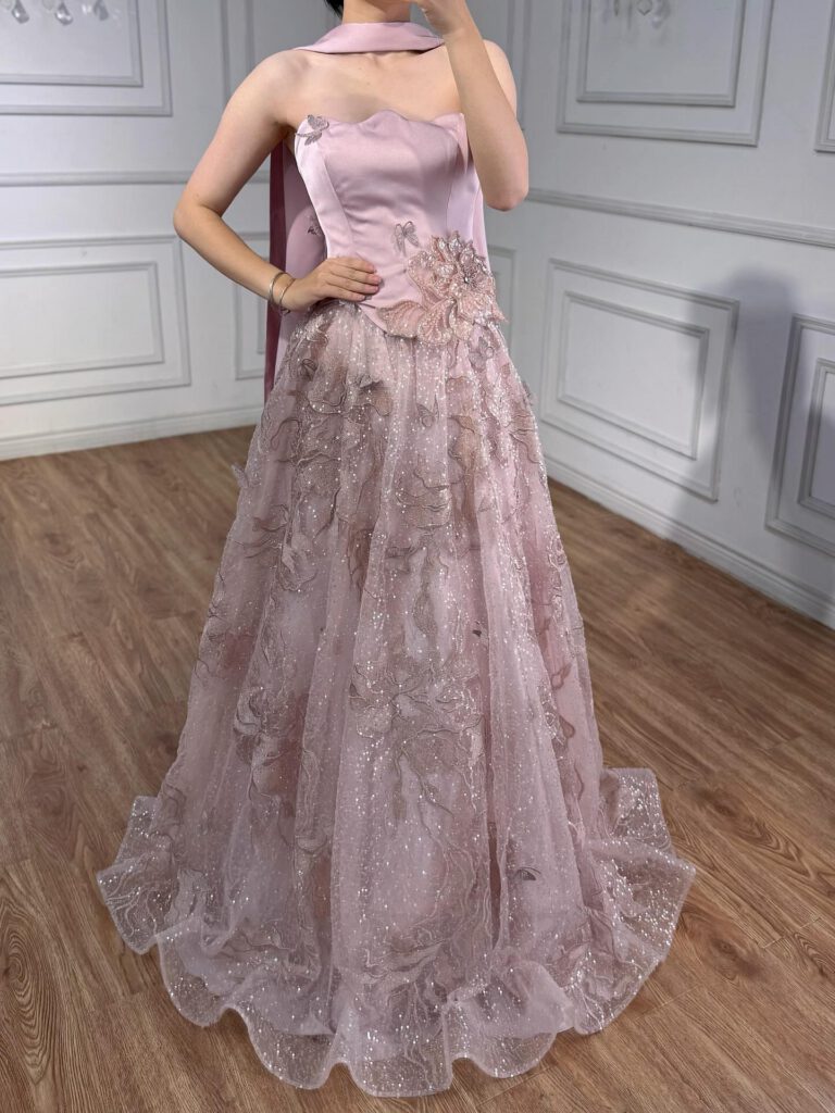 Nove Dress فستان سهرة وردي قصة A-line بدون حمالات عربي