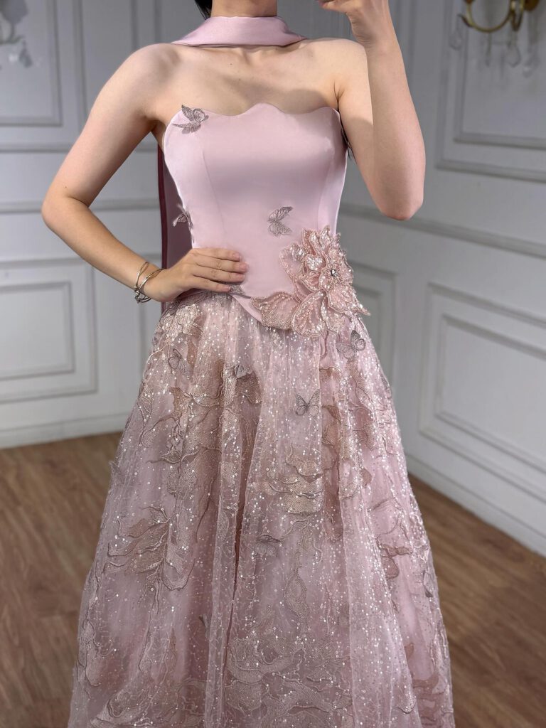 Nove Dress فستان سهرة وردي قصة A-line بدون حمالات عربي