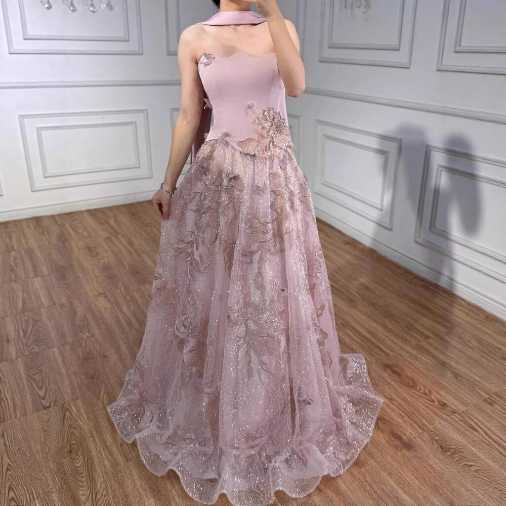 Nove Dress فستان سهرة وردي قصة A-line بدون حمالات عربي