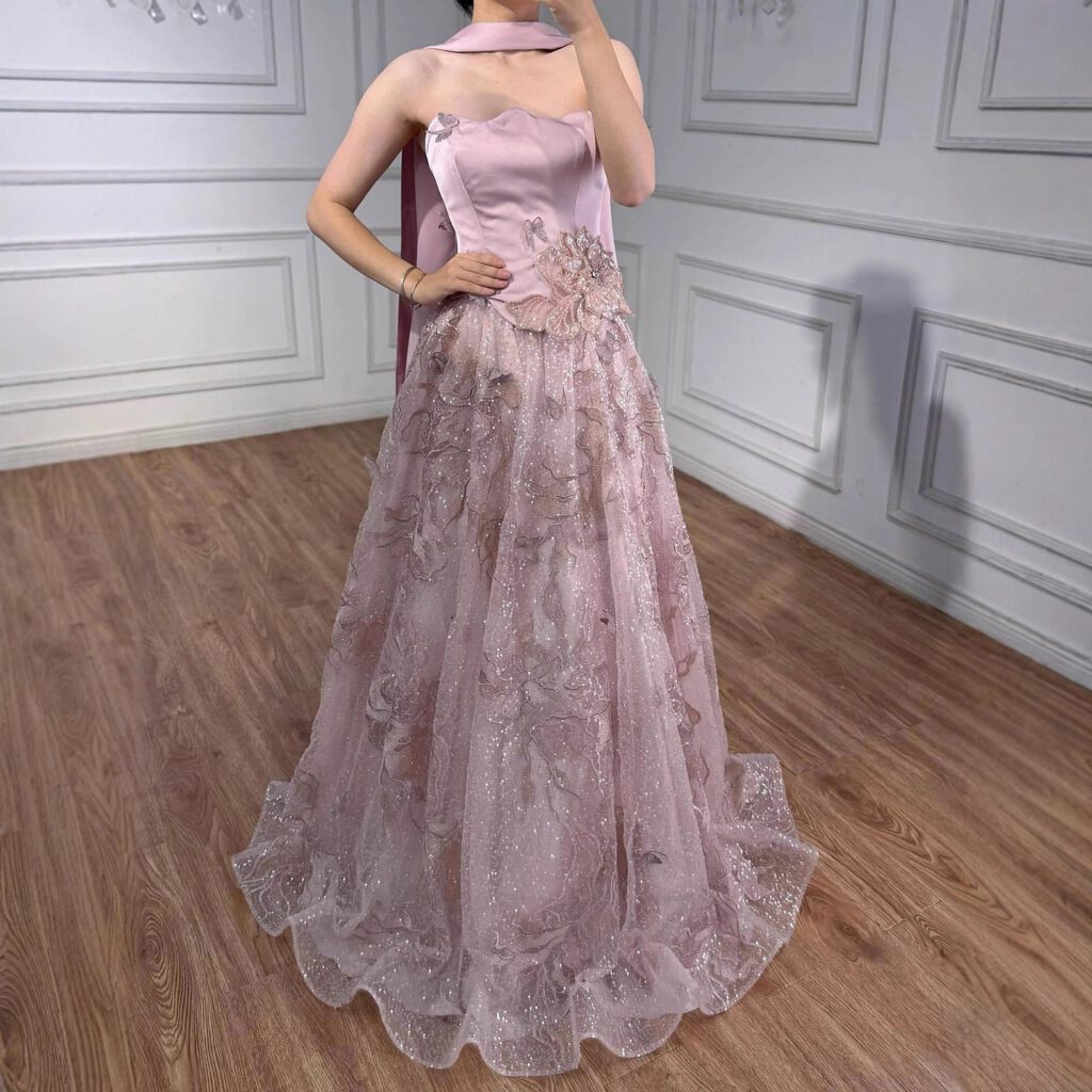 Nove Dress فستان سهرة وردي قصة A-line بدون حمالات عربي