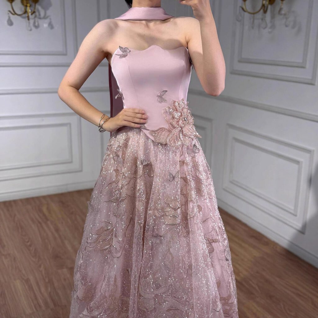 Nove Dress فستان سهرة وردي قصة A-line بدون حمالات عربي