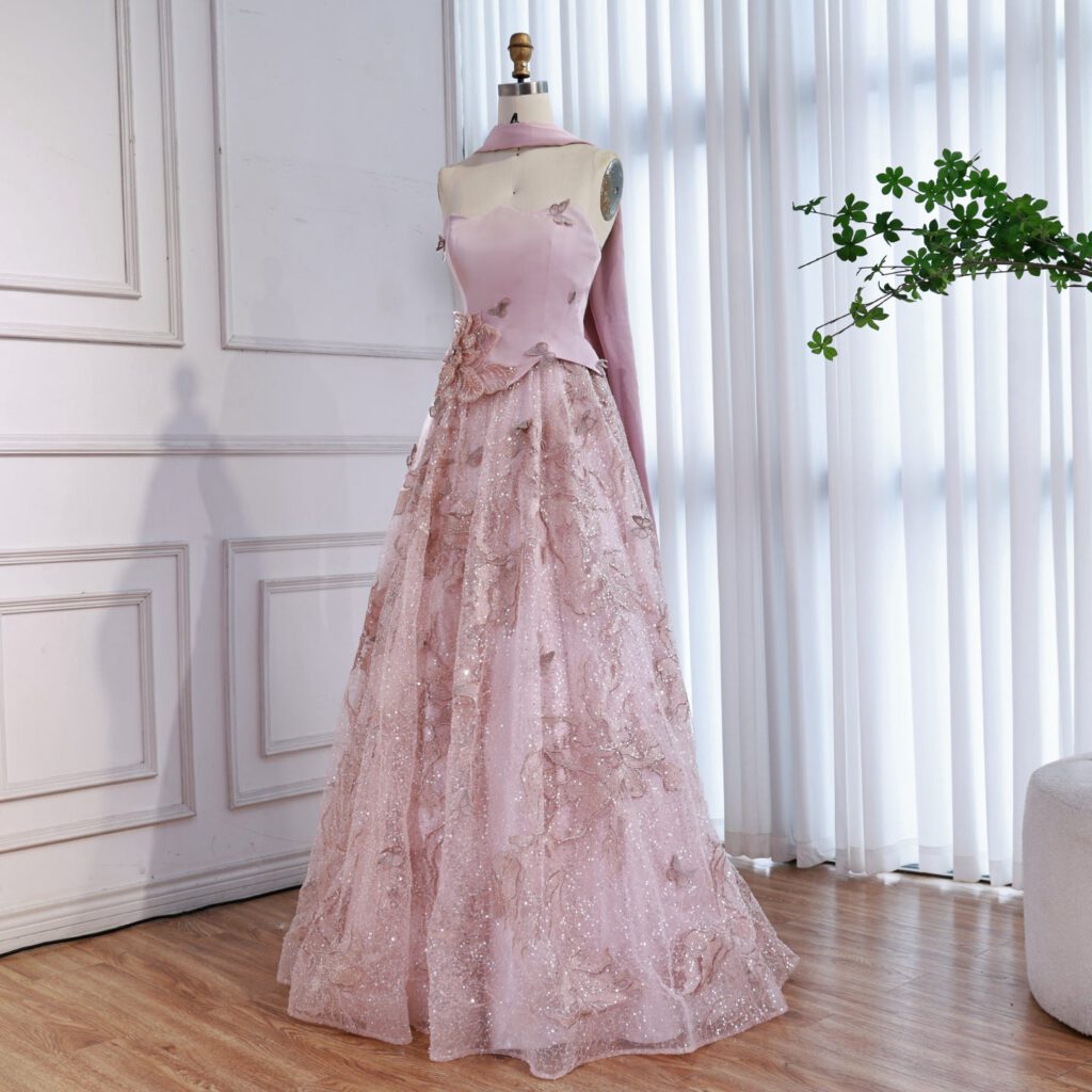 Nove Dress فستان سهرة وردي قصة A-line بدون حمالات عربي