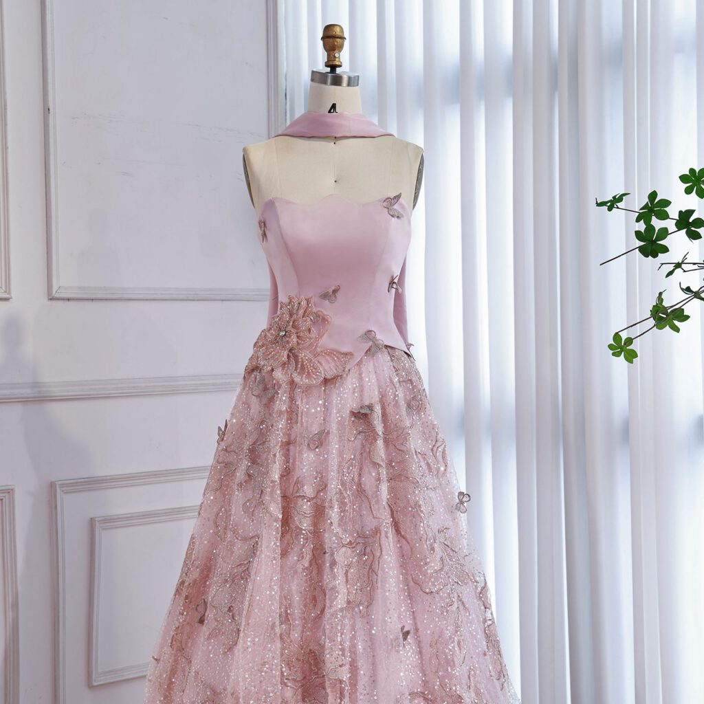 Nove Dress فستان سهرة وردي قصة A-line بدون حمالات عربي