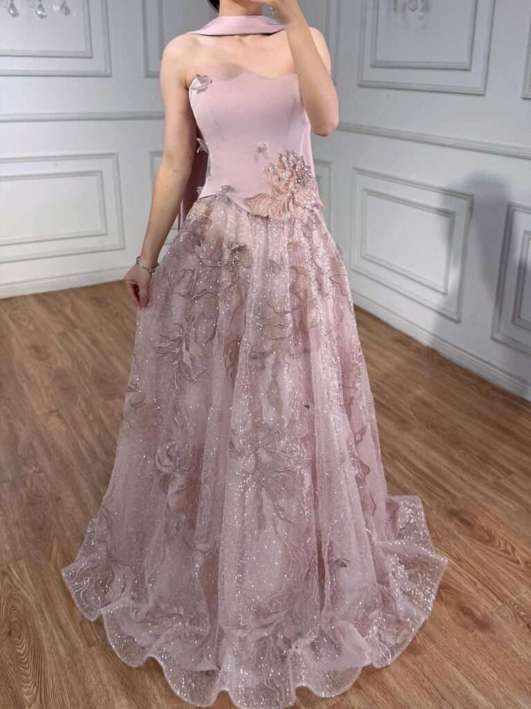 Nove Dress فستان سهرة وردي قصة A-line بدون حمالات عربي
