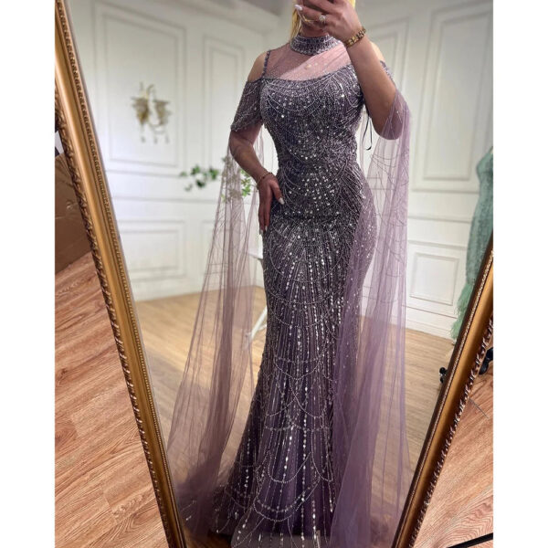 Nove Dress Purple Beaded Cape Sleeve Mermaid Arabic Evening Dress 1 - Nove Dress