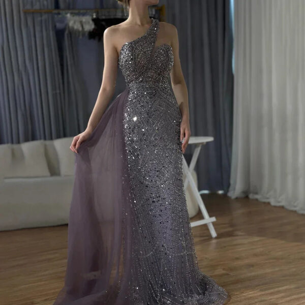 Nove Dress Purple Beaded Overskirt One Shoulder Arabic Evening Dress 1 - Nove Dress