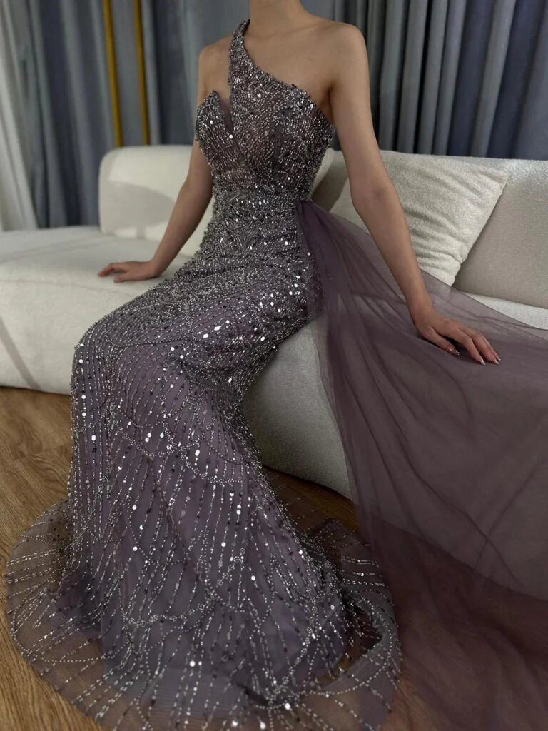 Nove Dress Purple Beaded Overskirt One Shoulder Arabic Evening Dress
