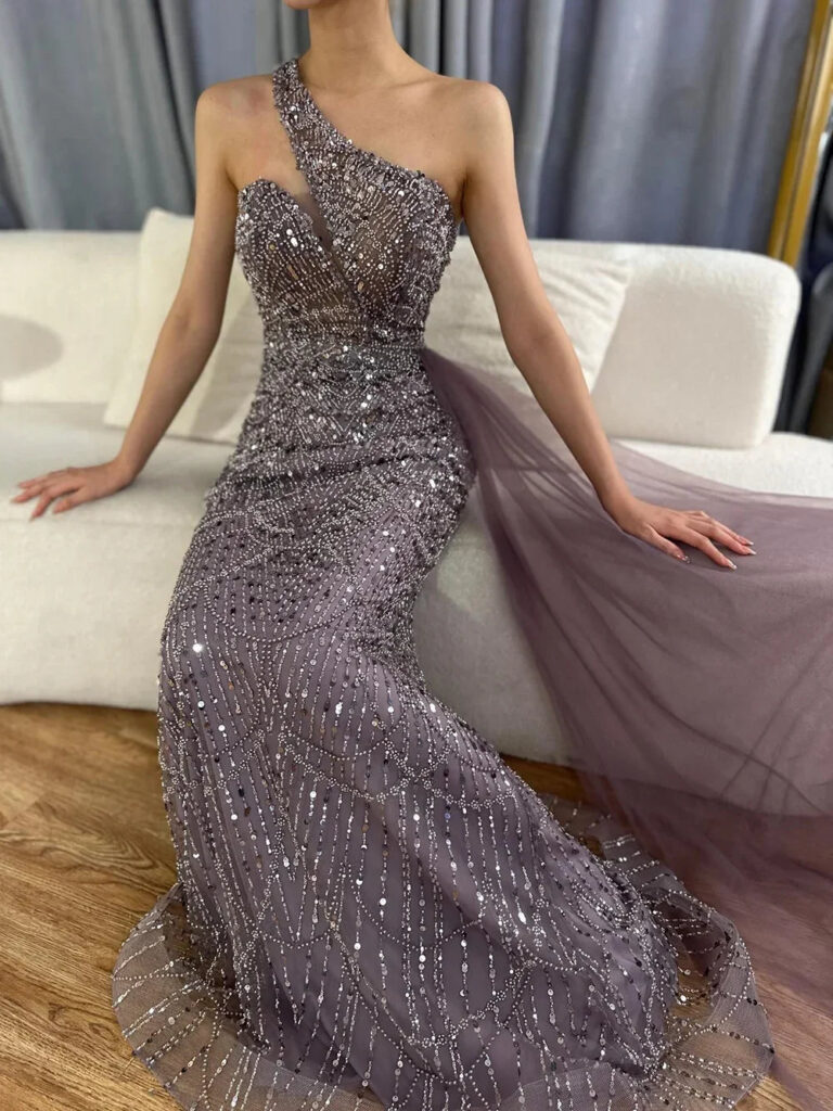 Nove Dress Purple Beaded Overskirt One Shoulder Arabic Evening Dress
