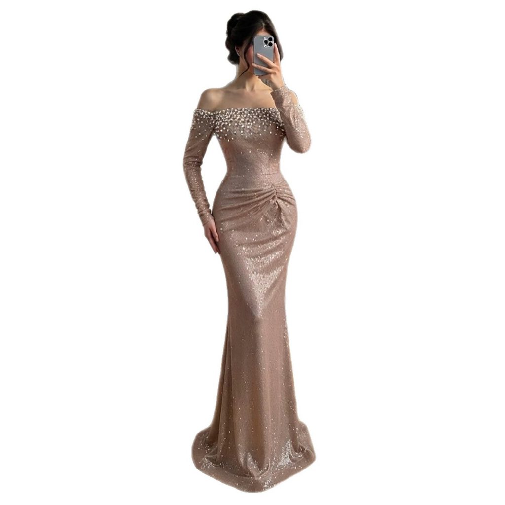 Nove Dress roségold Meerjungfrau Abendkleid mit Perlenbesatz, langen Ärmeln und schulterfreiem