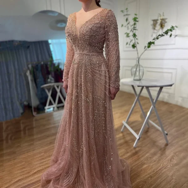 Nove Dress Rose Gold Pearl Beaded V-Neck Sleeveless A-Line Arabic Evening Dress 1 - Nove Dress