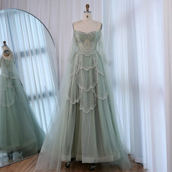 Nove Dress Sage Green Beaded A-Line Arabic Evening Dress 1 - Nove Dress
